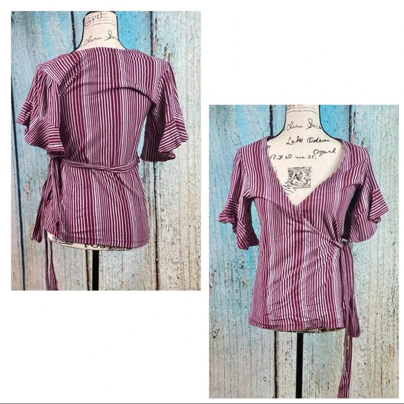 Free People NWT Wine Wrapped Around My Finger Cotton Striped Wrap Top - Picture 4 of 13